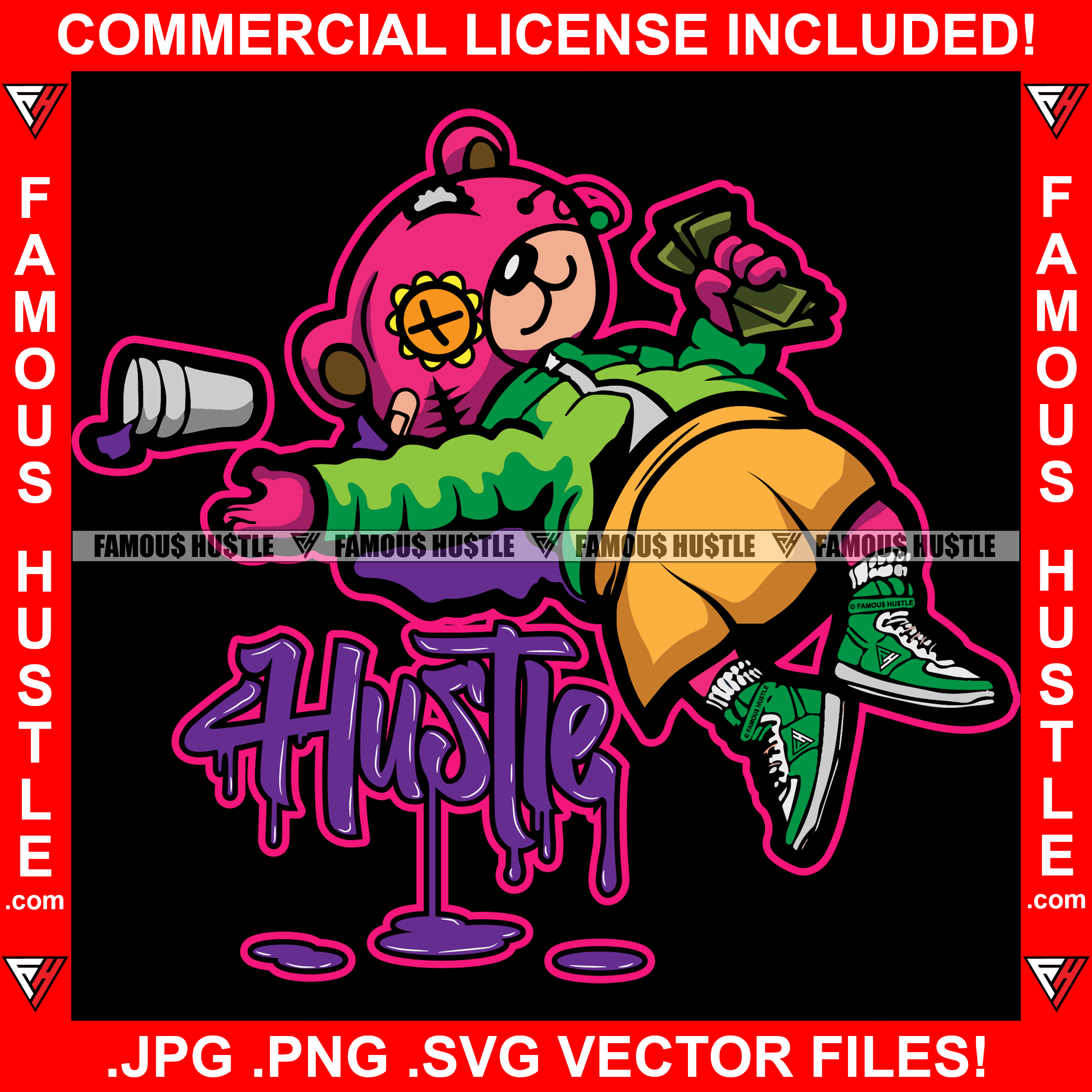 Hustle Drunk Passed Out Female Teddy Bear Button Eye Passed Out Girl Drinking Purple Drink Lean Cup Cash Money Stack Woman Tattoo Hip Hop Rap Hustler Trap Hood Thug Street Quote Art Graphic Design Logo T-Shirt Print Printing JPG PNG SVG Vector Cut File