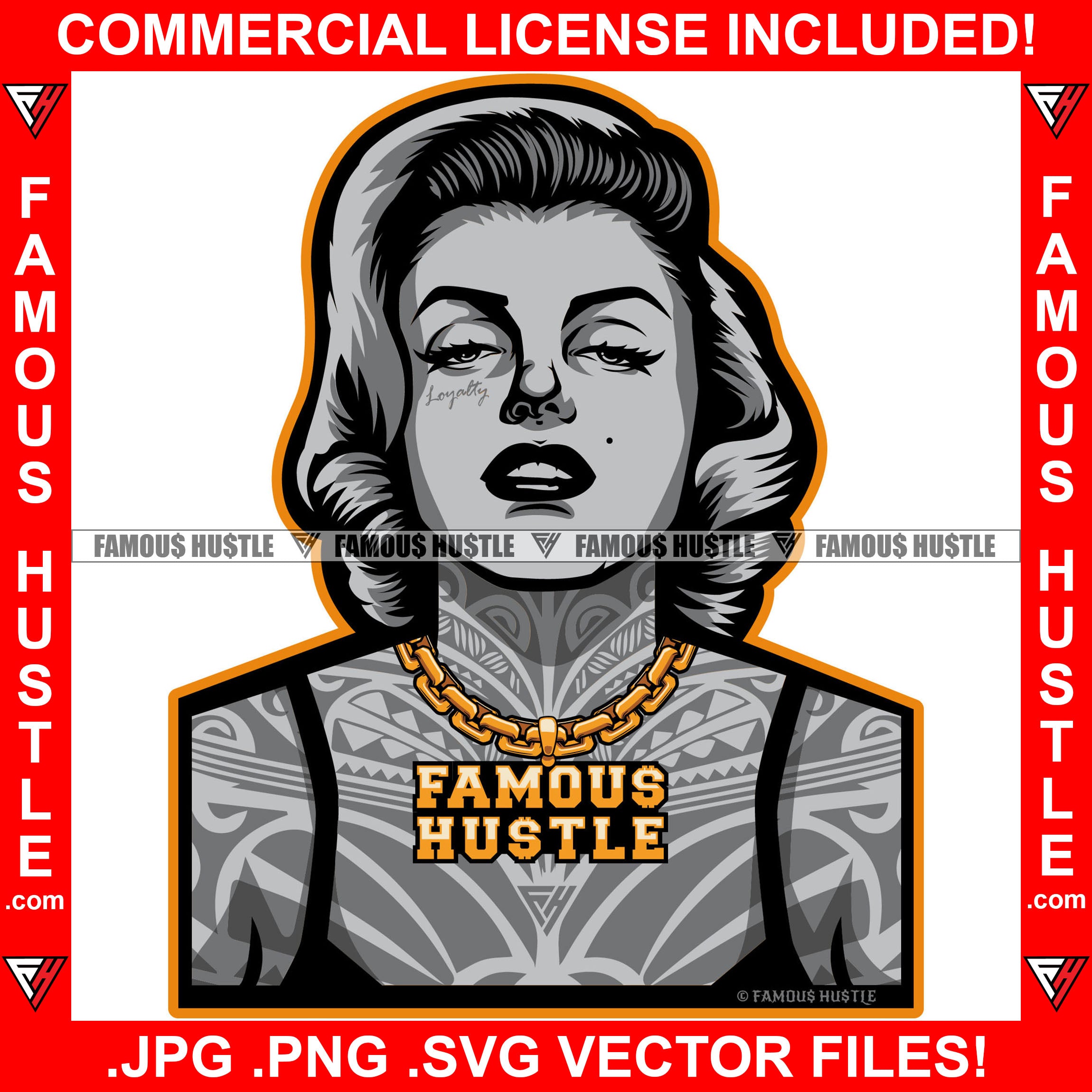 Famous Hustle Sexy Gangster Woman Full Body Tattoo Female Lady Trending Designer Fashion 1950's 50's Retro Vintage Plug Trap Hood Thug Gang Street Tattoo Hip Hop Rap Hustler Art Graphic Design Logo T-Shirt Print Printing JPG PNG SVG Vector Cut File