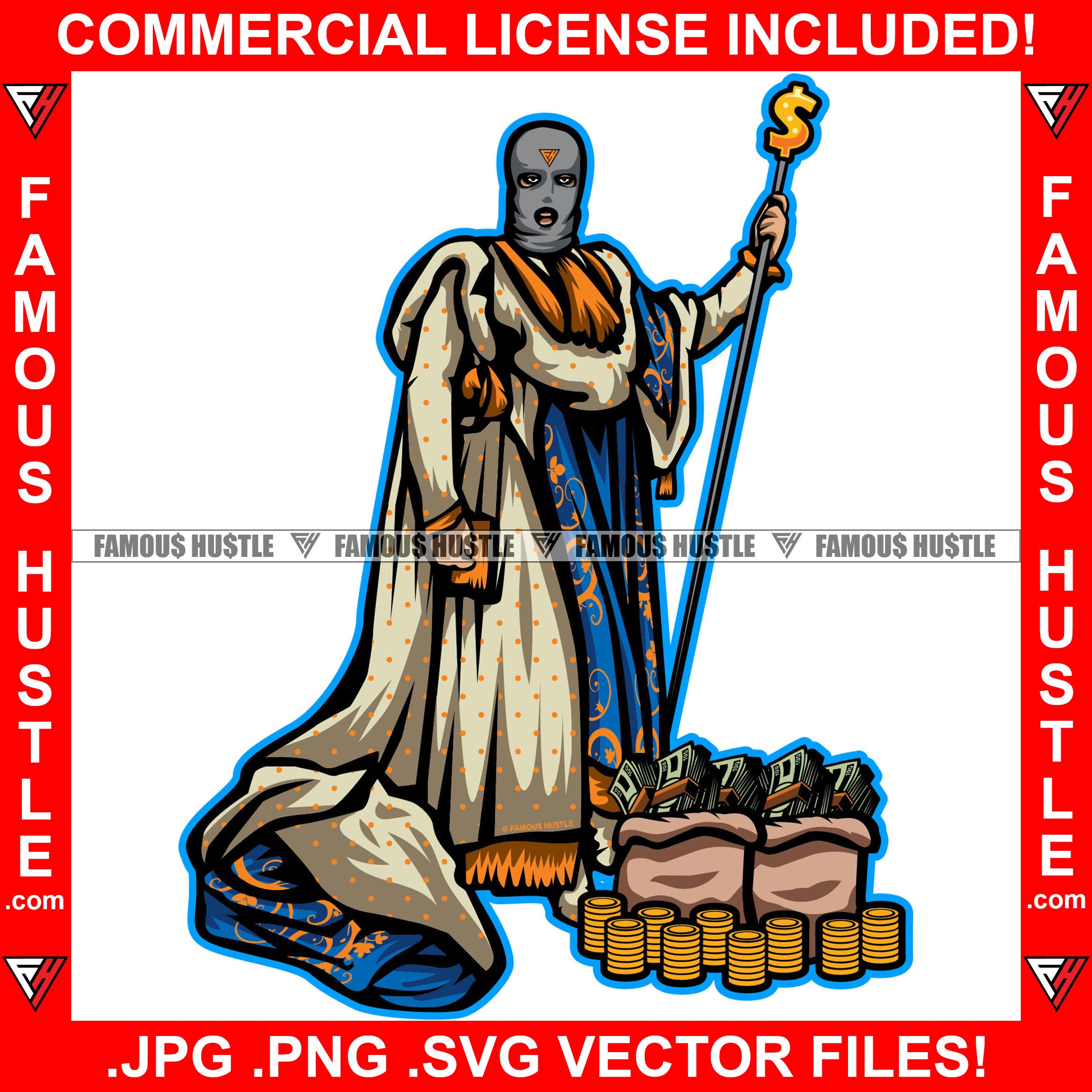 Royal King Ski Mask Royalty Outfit Dollar Sign Staff Cane Cash Money Bags Gold Coins Tattoo Hip Hop Rap Hustler Drip Plug Trap Hood Thug Gang Street Mafia Mob Famous Hustle Art Graphic Design Logo T-Shirt Print Printing JPG PNG SVG Vector Cut File