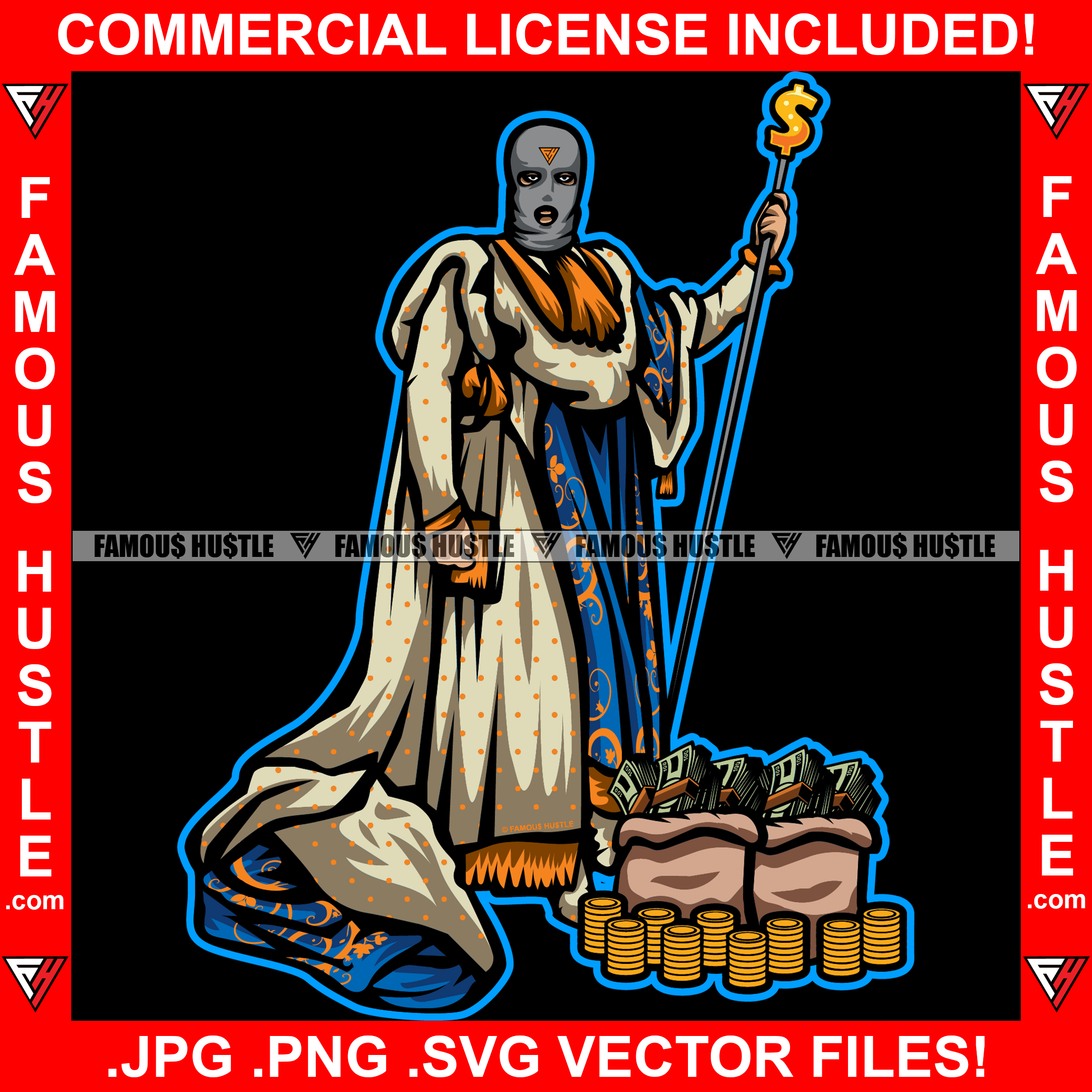 Royal King Ski Mask Royalty Outfit Dollar Sign Staff Cane Cash Money Bags Gold Coins Tattoo Hip Hop Rap Hustler Drip Plug Trap Hood Thug Gang Street Mafia Mob Famous Hustle Art Graphic Design Logo T-Shirt Print Printing JPG PNG SVG Vector Cut File