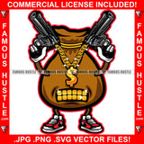 Hands In The Air! Cash Money Bag Cartoon Character Gold Teeth Dollar Sign Necklace Pistol Guns Sneakers Hip Hop Rap Plug Trap Street Hood Ghetto Swag Thug Famous Hustle Art Graphic Design Logo T-Shirt Print Printing JPG PNG SVG Vector Cut File