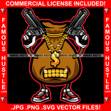 Hands In The Air! Cash Money Bag Cartoon Character Gold Teeth Dollar Sign Necklace Pistol Guns Sneakers Hip Hop Rap Plug Trap Street Hood Ghetto Swag Thug Famous Hustle Art Graphic Design Logo T-Shirt Print Printing JPG PNG SVG Vector Cut File