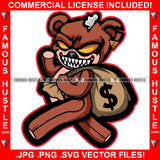 No Money No Problems Gangster Horror Teddy Bear Yellow Eyes Sharp Teeth Gold Earrings Stuff Out Cash Bag Hip Hop Rap Rapper Plug Trap Hood Ghetto Swag Thug Famous Hustle Art Graphic Design Logo T-Shirt Print Printing JPG PNG SVG Vector Cut File