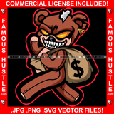 No Money No Problems Gangster Horror Teddy Bear Yellow Eyes Sharp Teeth Gold Earrings Stuff Out Cash Bag Hip Hop Rap Rapper Plug Trap Hood Ghetto Swag Thug Famous Hustle Art Graphic Design Logo T-Shirt Print Printing JPG PNG SVG Vector Cut File