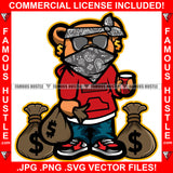 Money Magnet Gangster Teddy Bear Head Face Bandanna Black Glasses Dollar Sign Earrings Cash Money Bags Drink Cup Hip Hop Rap Rapper Plug Trap Swag Thug Hustling Famous Hustle Art Graphic Design Logo T-Shirt Print Printing JPG PNG SVG Vector Cut File