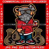 Money Magnet Gangster Teddy Bear Head Face Bandanna Black Glasses Dollar Sign Earrings Cash Money Bags Drink Cup Hip Hop Rap Rapper Plug Trap Swag Thug Hustling Famous Hustle Art Graphic Design Logo T-Shirt Print Printing JPG PNG SVG Vector Cut File