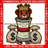 Mind On My Money Gangster King Teddy Bear Dollar Sign Eyes Cover In Cash Roll Bags Hip Hop Rap Trap Street Hood Ghetto Swag Thug Hustler Hustling Famous Hustle Baller Trapper Art Graphic Design Logo T-Shirt Print Printing JPG PNG SVG Vector Cut File