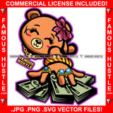 Cute Female Gangster Cute Teddy Bear Face Gold Jewelry Cash Money Bundles Bow Hip Hop Rap Plug Trap Street Hood Ghetto Swag Hustler Hustling Drip Boss Famous Hustle Art Graphic Design Logo Print Printing Vector SVG Cut File