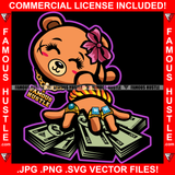 Cute Female Gangster Cute Teddy Bear Face Gold Jewelry Cash Money Bundles Bow Hip Hop Rap Plug Trap Street Hood Ghetto Swag Hustler Hustling Drip Boss Famous Hustle Art Graphic Design Logo Print Printing Vector SVG Cut File
