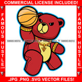 Famous Hustle Red Teddy Bear Gold Jewelry Basketball Ball Baller Tattoo Hip Hop Rap Hustler Gangster Boss Drip Swag Trap Hood Thug Street Rich Cartoon Character Art Graphic Design Logo T-Shirt Print Printing JPG PNG SVG Vector Cut File