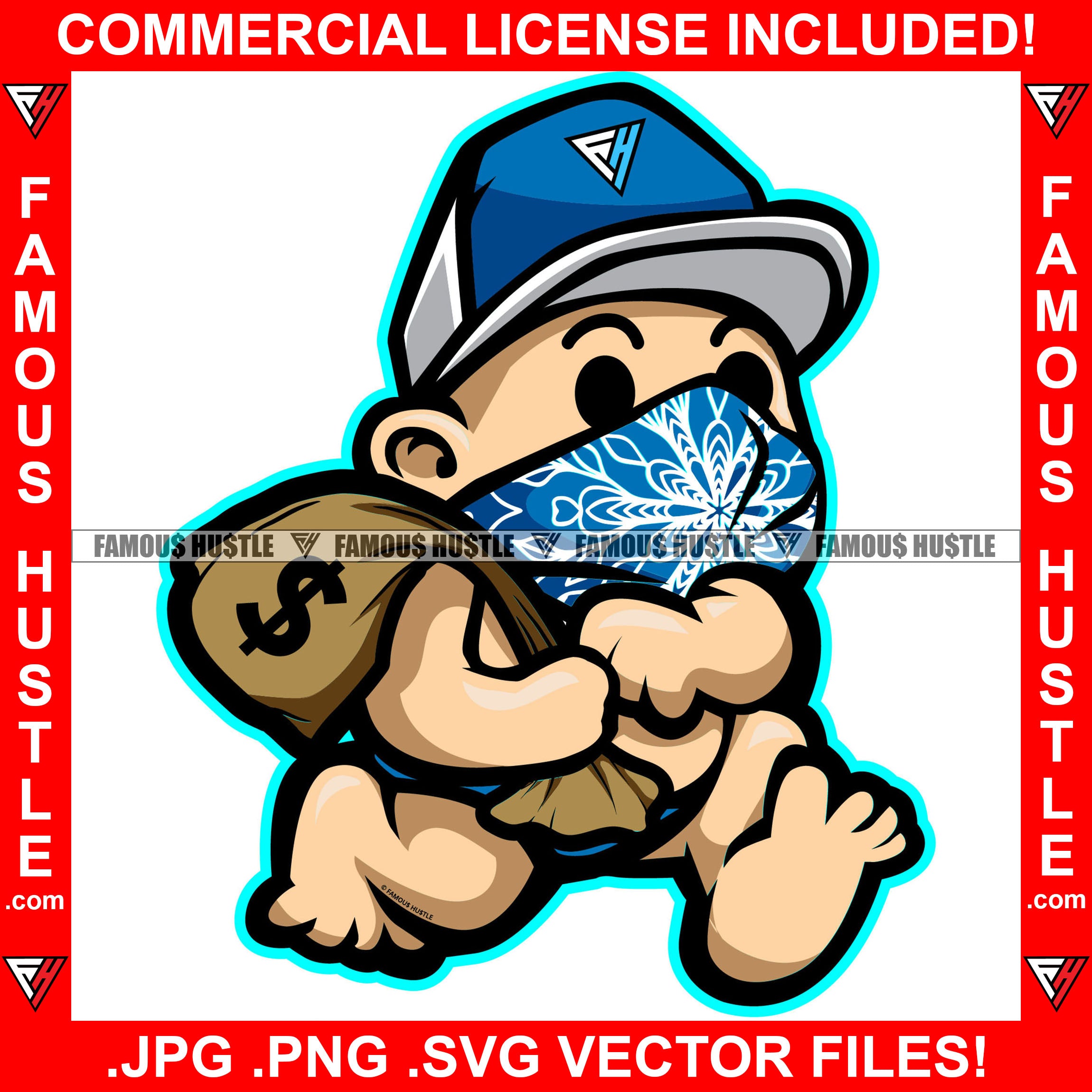 Gangster Baby Boy Blue Bandanna Face Cover Mask Cap Diaper Mean Face Cash Money Bag Hustling Trap Trapper Famous Hustle Rapper Dope Baller Trapper Street Flex Dripping Art Graphic Design Logo T-Shirt Print Printing JPG PNG SVG Vector Cut File