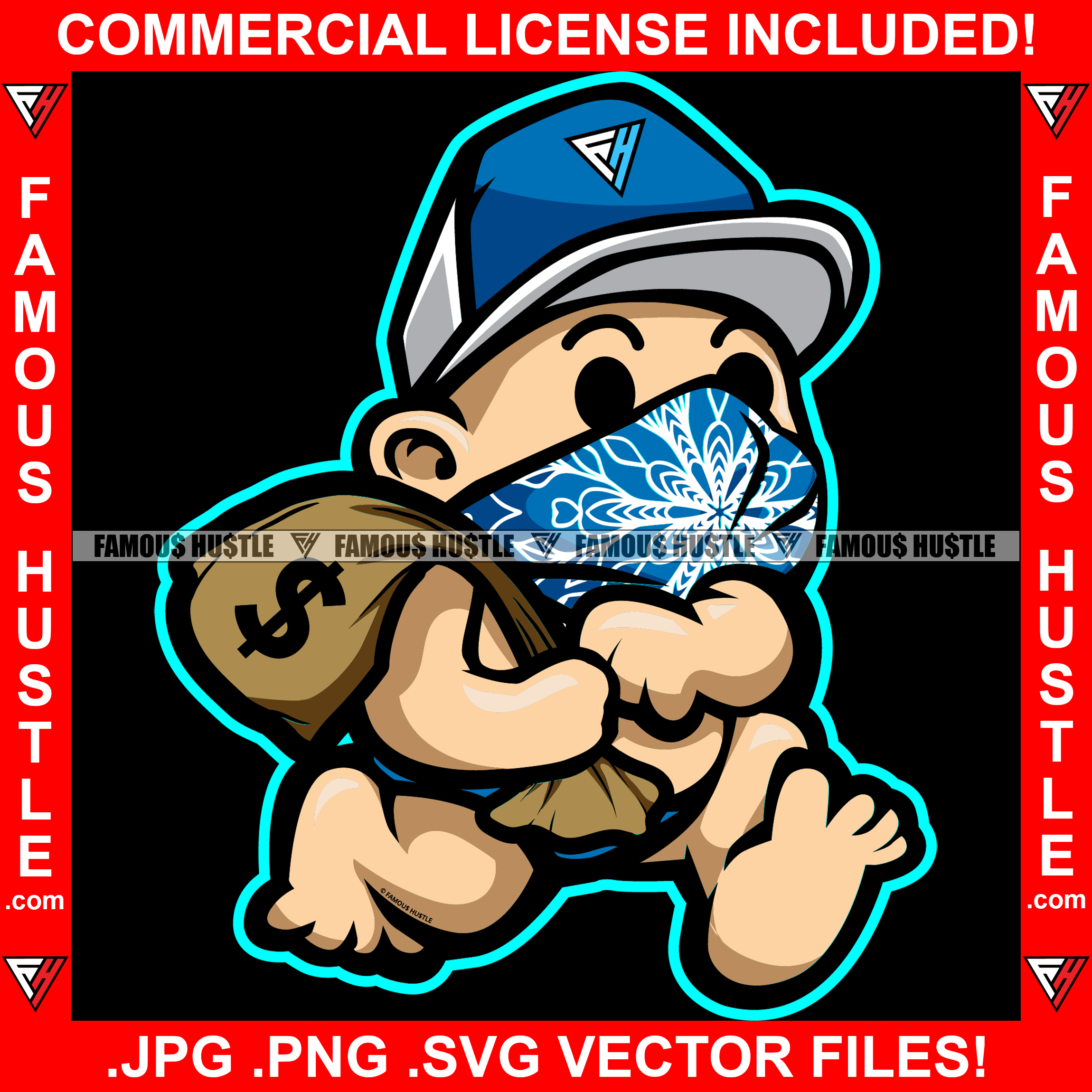 Gangster Baby Boy Blue Bandanna Face Cover Mask Cap Diaper Mean Face Cash Money Bag Hustling Trap Trapper Famous Hustle Rapper Dope Baller Trapper Street Flex Dripping Art Graphic Design Logo T-Shirt Print Printing JPG PNG SVG Vector Cut File