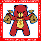 Money Bags Gangster Red Teddy Bear Gold Dollar Sign Chain Necklace Cash Hip Hop Rap Rapper Plug Trap Street Hood Ghetto Swag Thug Famous Hustle Art Graphic Design Logo T-Shirt Print Printing JPG PNG SVG Vector Cut File