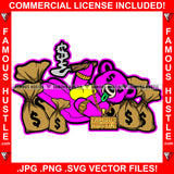 Gangster Teddy Bear Dollar Sign Eyes Gold Jewelry Smoking Money Sticking Green Tongue Out Sitting On Money Bags Cash Stack Street Hood Ghetto Swag Thug Hustler Famous Hustle Rich Art Graphic Design Logo T-Shirt Print Printing JPG PNG SVG Vector Cut File