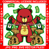 Trap King Gangster Red Teddy Bear Gold Dollar Sign Chain Necklace Wine Bottles Cash Falling Money Bags Hip Hop Rap Plug Trap Ghetto Swag Thug Hustling Famous Hustle Art Graphic Design Logo T-Shirt Print Printing JPG PNG SVG Vector Cut File