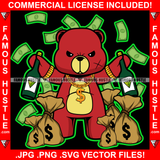 Trap King Gangster Red Teddy Bear Gold Dollar Sign Chain Necklace Wine Bottles Cash Falling Money Bags Hip Hop Rap Plug Trap Ghetto Swag Thug Hustling Famous Hustle Art Graphic Design Logo T-Shirt Print Printing JPG PNG SVG Vector Cut File