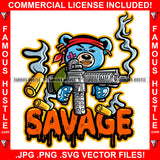 Savage Gangster Blue Teddy Bear Scar Face Head Bandanna Shooting Heavy Machine Gun Bullets Smoke Tattoo Rap Drip Plug Trap Hood Rapper Trapper Hustling Famous Hustle Quote Art Graphic Design Logo T-Shirt Print Printing JPG PNG SVG Vector Cut File