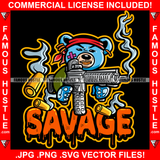 Savage Gangster Blue Teddy Bear Scar Face Head Bandanna Shooting Heavy Machine Gun Bullets Smoke Tattoo Rap Drip Plug Trap Hood Rapper Trapper Hustling Famous Hustle Quote Art Graphic Design Logo T-Shirt Print Printing JPG PNG SVG Vector Cut File