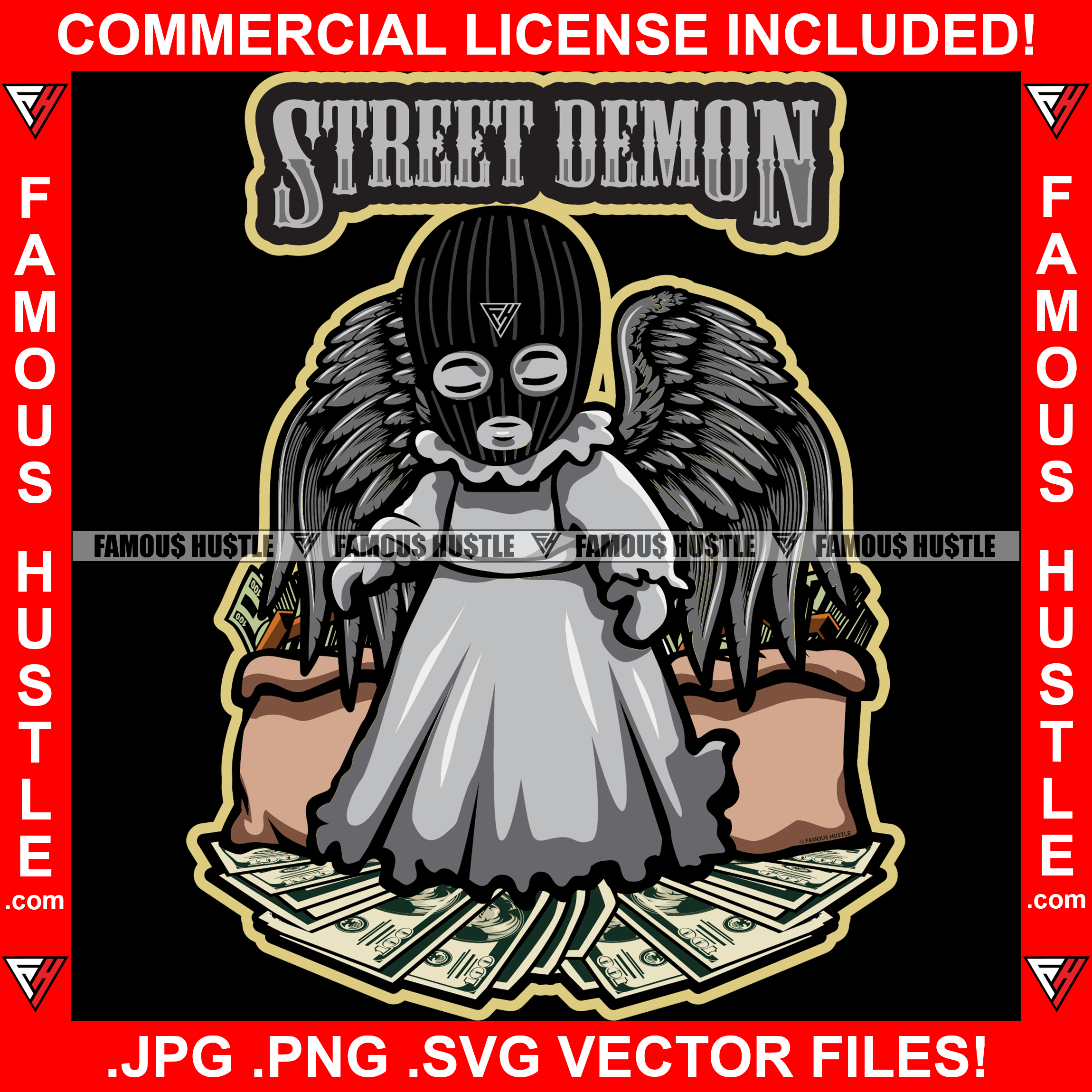 Street Demon Gangster Angel Statue Wings Wearing Ski Mask Big Money Bags Standing On Cash Hip Hop Rap Rapper Plug Trap Street Hood Trapper Thug Gang Quote Art Graphic Design Logo T-Shirt Print Printing JPG PNG SVG Vector Cut File