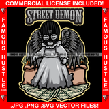 Street Demon Gangster Angel Statue Wings Wearing Ski Mask Big Money Bags Standing On Cash Hip Hop Rap Rapper Plug Trap Street Hood Trapper Thug Gang Quote Art Graphic Design Logo T-Shirt Print Printing JPG PNG SVG Vector Cut File