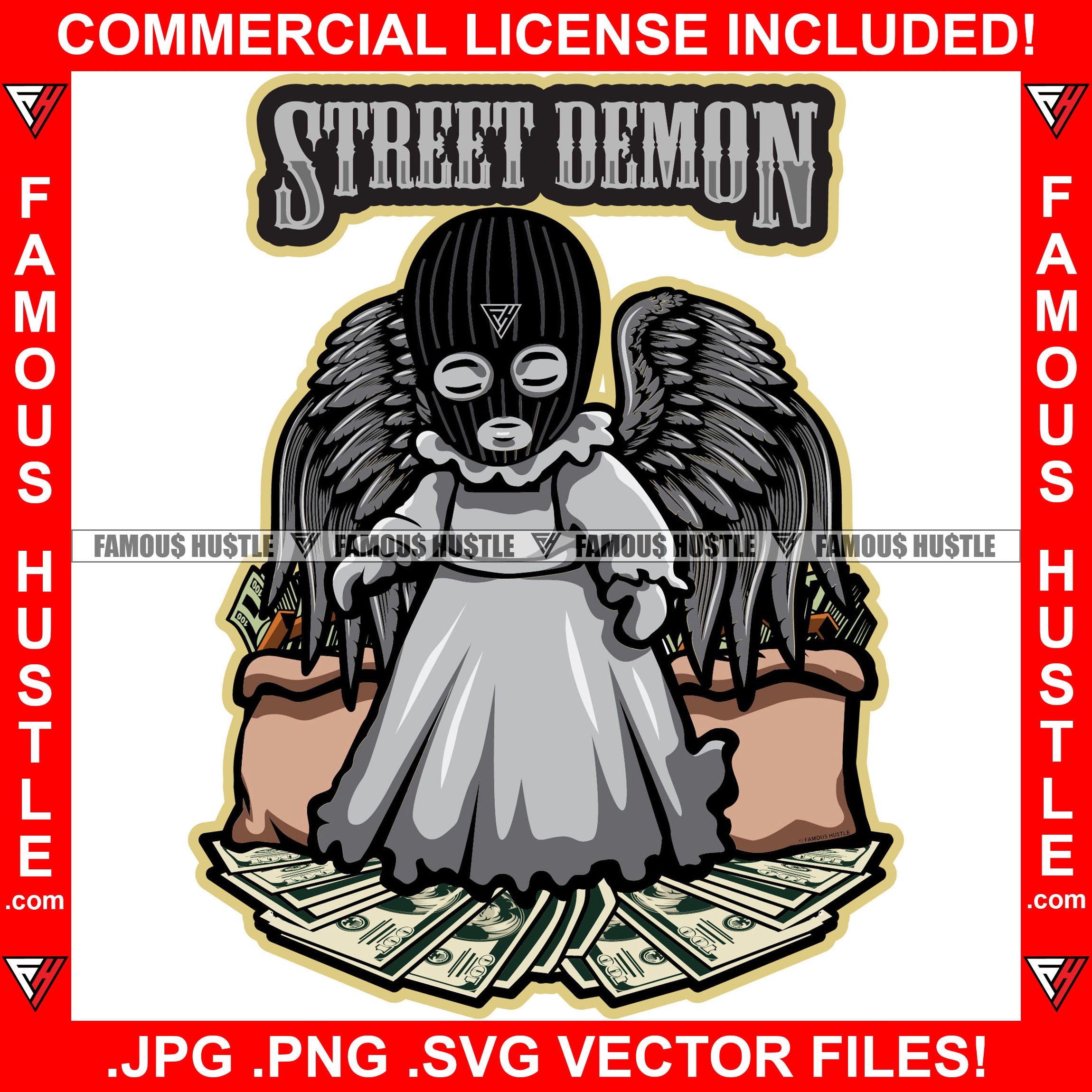 Street Demon Gangster Angel Statue Wings Wearing Ski Mask Big Money Bags Standing On Cash Hip Hop Rap Rapper Plug Trap Street Hood Trapper Thug Gang Quote Art Graphic Design Logo T-Shirt Print Printing JPG PNG SVG Vector Cut File