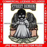 Street Demon Gangster Angel Statue Wings Wearing Ski Mask Big Money Bags Standing On Cash Hip Hop Rap Rapper Plug Trap Street Hood Trapper Thug Gang Quote Art Graphic Design Logo T-Shirt Print Printing JPG PNG SVG Vector Cut File