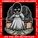 Gangster Angel Statue Wings Wearing Ski Mask Big Money Bags Standing Cash Hip Hop Rap Rapper Plug Trap Street Hood Ghetto Swag Thug Hustler Hustling Drip Famous Hustle Rich Art Graphic Design Logo T-Shirt Print Printing JPG PNG SVG Vector Cut File