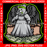 Street Demon Gangster Angel Teddy Bear Statue Wings Mouth Green Liquid Dripping Big Money Bags Standing On Cash Hip Hop Rap Rapper Plug Trap Street Hood Trapper Thug Gang Art Graphic Design Logo T-Shirt Print Printing JPG PNG SVG Vector Cut File