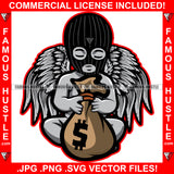 Famous Hustle Street Demon Gangster Angel Statue Wings Wearing Ski Mask Cash Bag Hip Hop Rap Rapper Plug Trap Street Hood Ghetto Swag Thug Baller Trapper Art Graphic Design Logo T-Shirt Print Printing JPG PNG SVG Vector Cut File