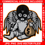 Famous Hustle Drugs Street Demon Gangster Angel Statue Wings Wearing Ski Mask Cash Bag Hip Hop Rap Rapper Plug Trap Street Hood Ghetto Swag Thug Baller Trapper Art Graphic Design Logo T-Shirt Print Printing JPG PNG SVG Vector Cut File