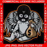 Famous Hustle Drugs Street Demon Gangster Angel Statue Wings Wearing Ski Mask Cash Bag Hip Hop Rap Rapper Plug Trap Street Hood Ghetto Swag Thug Baller Trapper Art Graphic Design Logo T-Shirt Print Printing JPG PNG SVG Vector Cut File