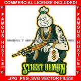 Street Demon Famous Hustle Gangster Money Bag Cartoon Character Gold Jewelry Mean Face Cash Bags Machine Gun Tattoo Eye Dollar Sign Man Gold Watch Bracelet Quote Art Graphic Design Logo T-Shirt Print Printing JPG PNG SVG Vector Cut File