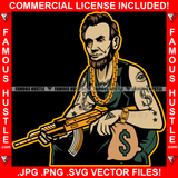 Street Legend Gangster President Abe Lincoln Tattoos Gold Necklace Money Bag Machine Gun Banana Clip Hip Hop Rap Trap Hood Ghetto Hustling Savage Famous Hustle Rich Art Graphic Design Logo T-Shirt Print Printing JPG PNG SVG Vector Cut File