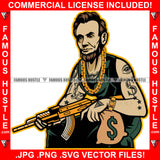Street Legend Gangster President Abe Lincoln Tattoos Gold Necklace Money Bag Machine Gun Banana Clip Hip Hop Rap Trap Hood Ghetto Hustling Savage Famous Hustle Rich Art Graphic Design Logo T-Shirt Print Printing JPG PNG SVG Vector Cut File