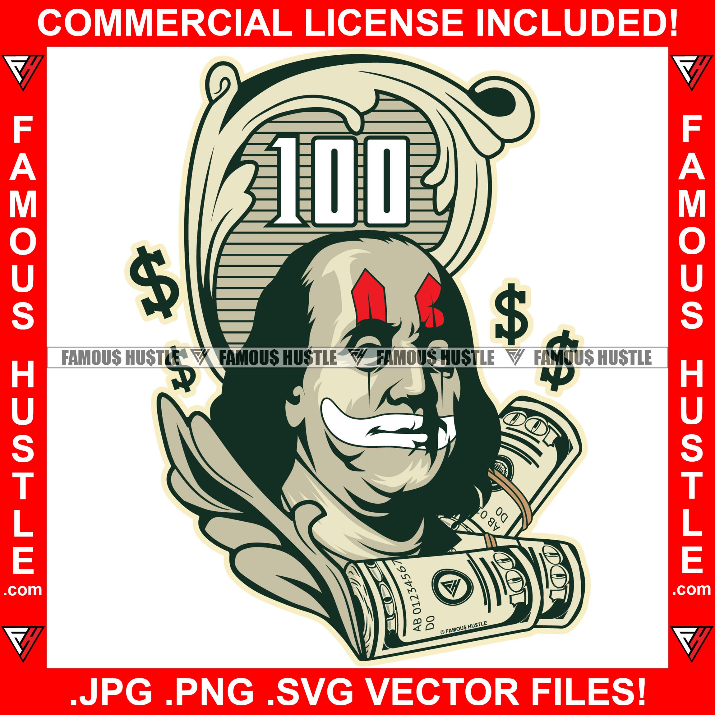 Famous Hustle Gangster President Ben Franklin Joker Face $100 Dollar Bill Roll Vintage Scroll Tattoo Hip Hop Rap Plug Trap Street Hood Ghetto Thug Hustler Hustling Drip Rich Art Graphic Design Logo Print Printing Vector SVG Cut File