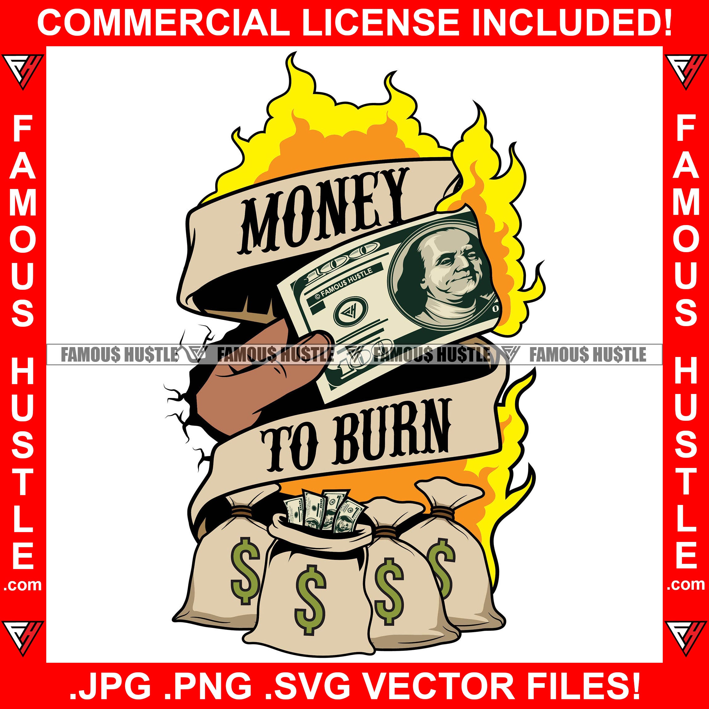 Money To Burn Cash Fire Money Bag Flames Vintage Scroll Ribbon Gangster Hip Hop Rap Rapper Plug Trap Street Hood Ghetto Swag Thug Hustler Hustling Flex Drip Famous Hustle Quote Art Graphic Design Logo T-Shirt Print Printing JPG PNG SVG Vector Cut File