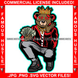 Gangster Teddy Bear King Broken Heart Eyes Holding Cash Money Hand Sign Gold Jewelry Necklace Red Coat Tattoo Hip Hop Rap Hustling Hustler Famous Hustle Art Graphic Design Logo T-Shirt Print Printing JPG PNG SVG Vector Cut File