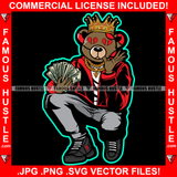 Gangster Teddy Bear King Broken Heart Eyes Holding Cash Money Hand Sign Gold Jewelry Necklace Red Coat Tattoo Hip Hop Rap Hustling Hustler Famous Hustle Art Graphic Design Logo T-Shirt Print Printing JPG PNG SVG Vector Cut File