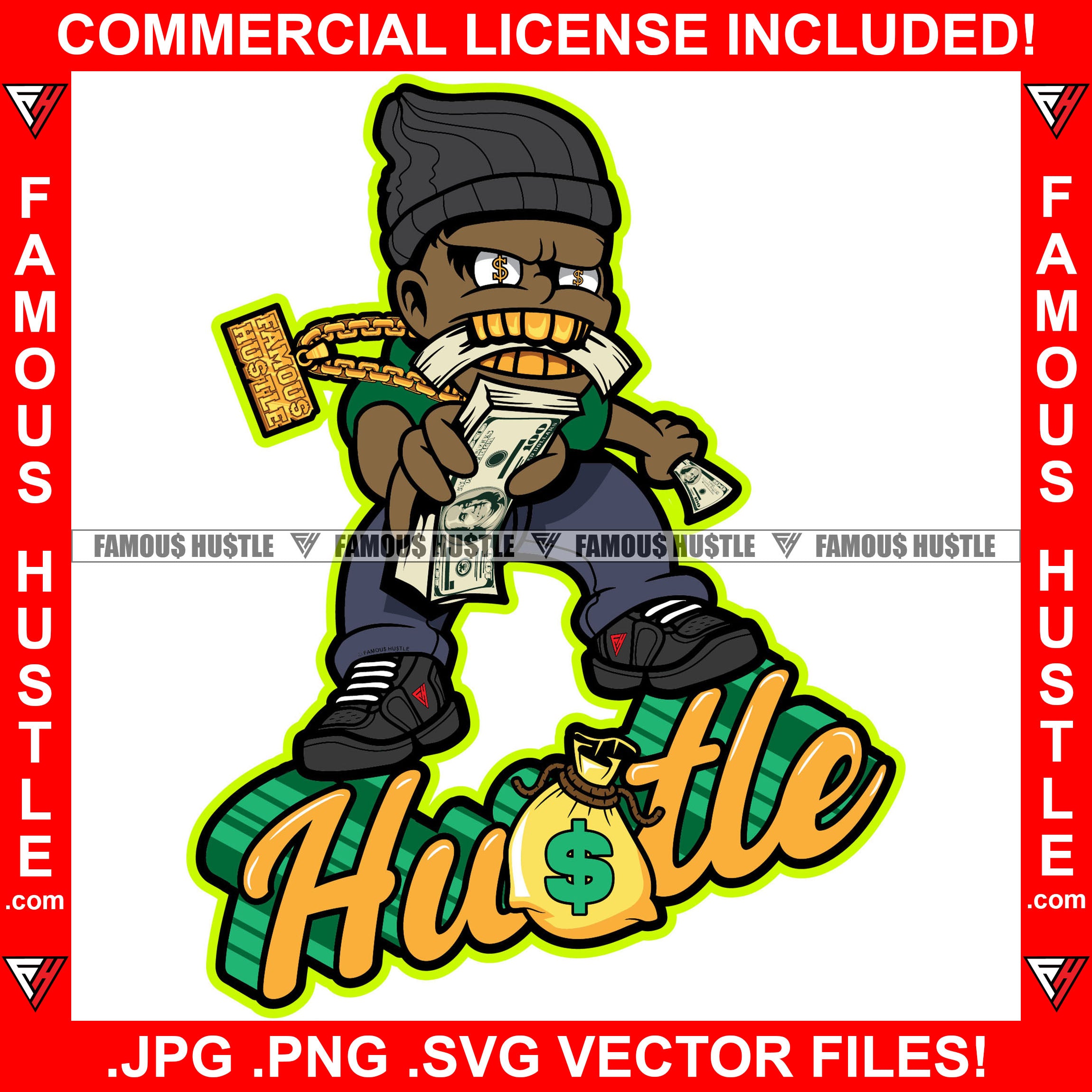 Famous Hustle Black Gangster Boy Gold Teeth Eating Money Stack Dollar Sign Eyes Necklace Cash Hip Hop Rap Rapper Trap Street Hood Swag Thug Hustler Hustling Drip Savage Boss Quote Art Graphic Design Logo T-Shirt Print Printing JPG PNG SVG Vector Cut File