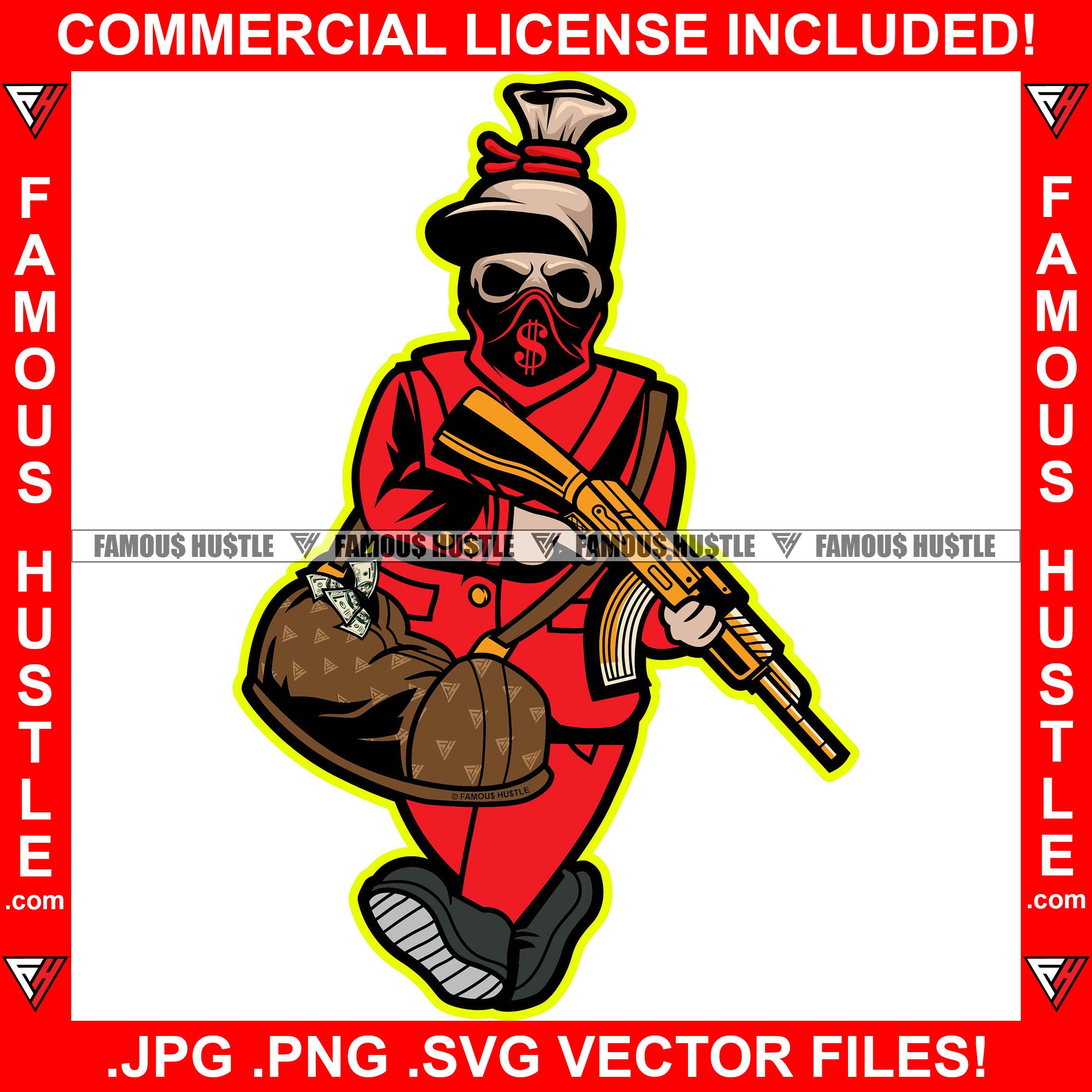 Red Money Bag Cartoon Skull Dollar Sign Bandanna Face Mask Gold Machine Gun Luxury Cash Bag Hip Hop Rap Rapper Trap Street Hood Ghetto Swag Thug Boss Hustler Drip Famous Hustle Art Graphic Design Logo T-Shirt Print Printing JPG PNG SVG Vector Cut File
