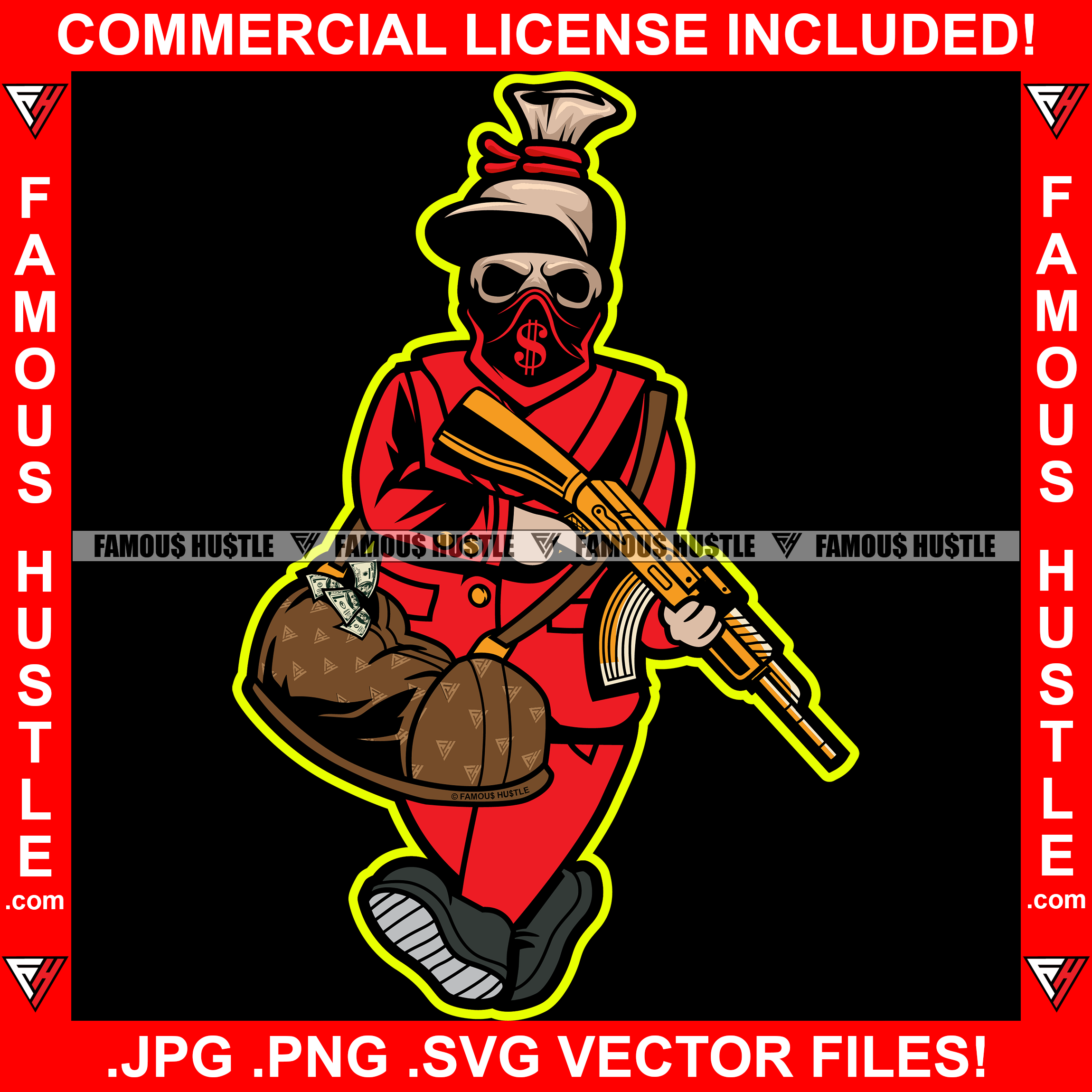 Red Money Bag Cartoon Skull Dollar Sign Bandanna Face Mask Gold Machine Gun Luxury Cash Bag Hip Hop Rap Rapper Trap Street Hood Ghetto Swag Thug Boss Hustler Drip Famous Hustle Art Graphic Design Logo T-Shirt Print Printing JPG PNG SVG Vector Cut File