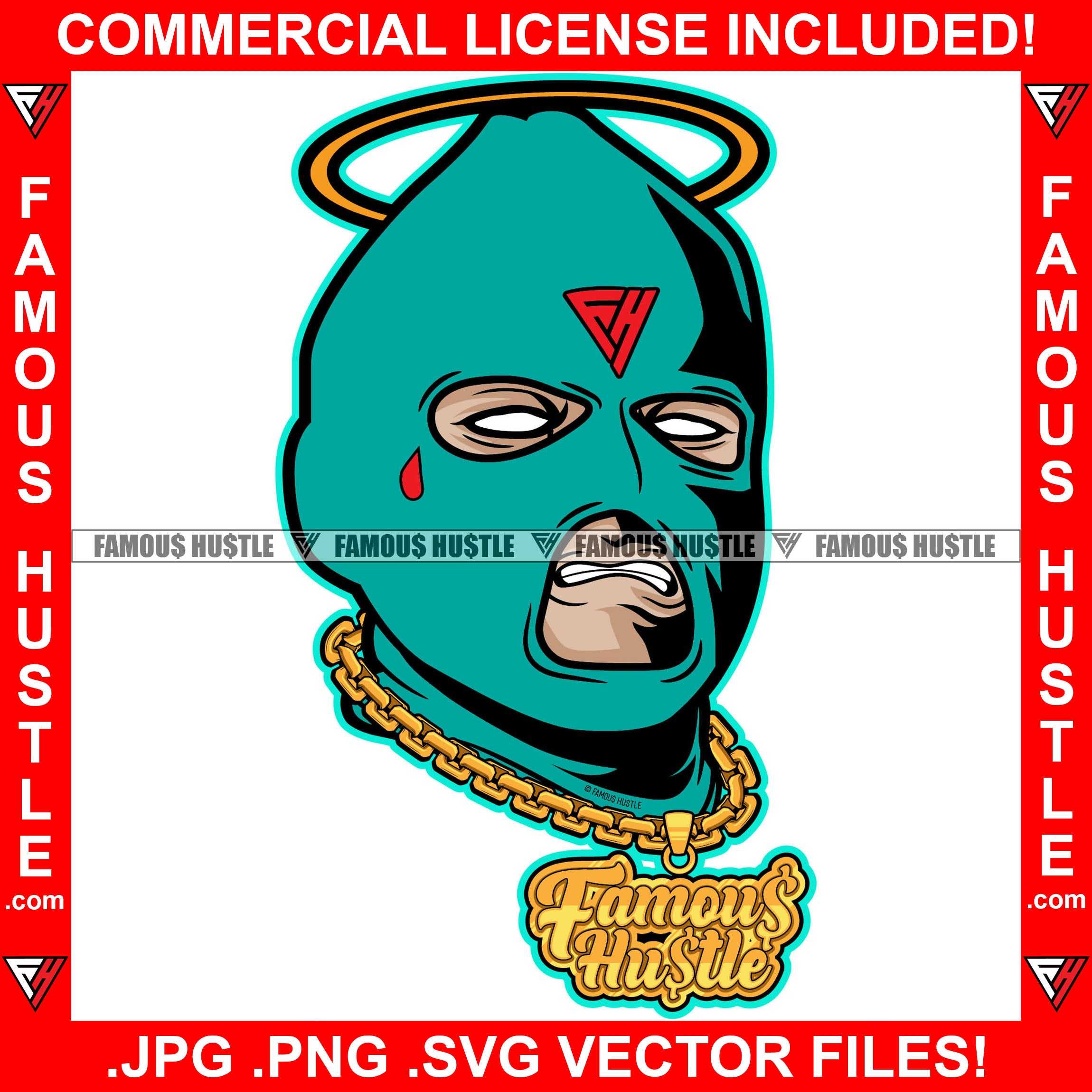 Famous Hustle Gangster Baby Ski Mask White Eyes Man Angel Halo Gold Necklace Hip Hop Rap Rapper Plug Trap Street Hood Ghetto Swag Thug Hustler Hustling Baller Art Graphic Design Logo T-Shirt Print Printing JPG PNG SVG Vector Cut File