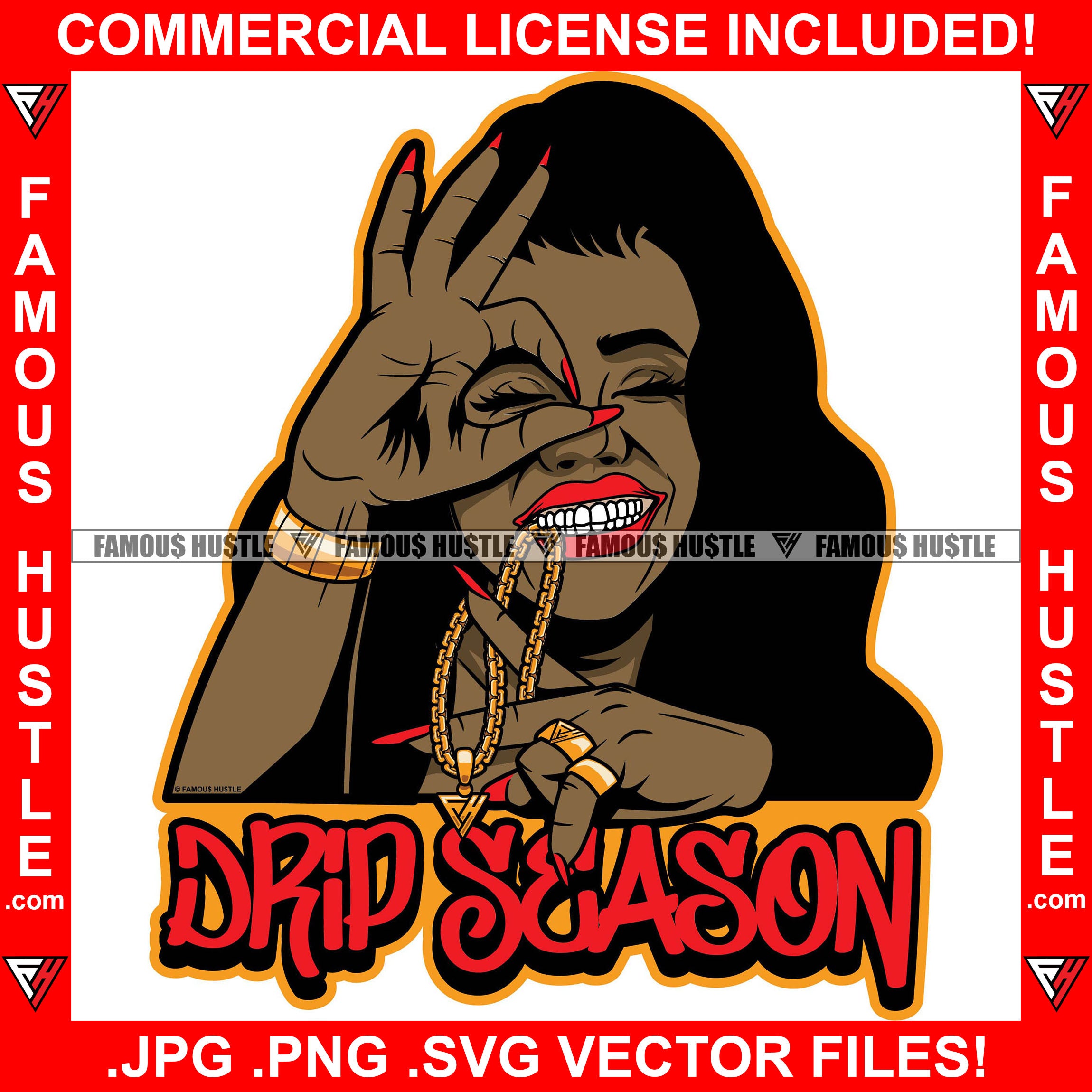 Drip Season Sexy Woman Biting Gold Chain Necklace Jewelry Gangster Hand Sign Famous Hustle Hip Hop Rap Plug Trap Hustler Hustling Sauce Dope Mafia Mob Slum Smoke Street Gang Quote Art Graphic Design Logo T-Shirt Print Printing JPG PNG SVG Vector Cut File