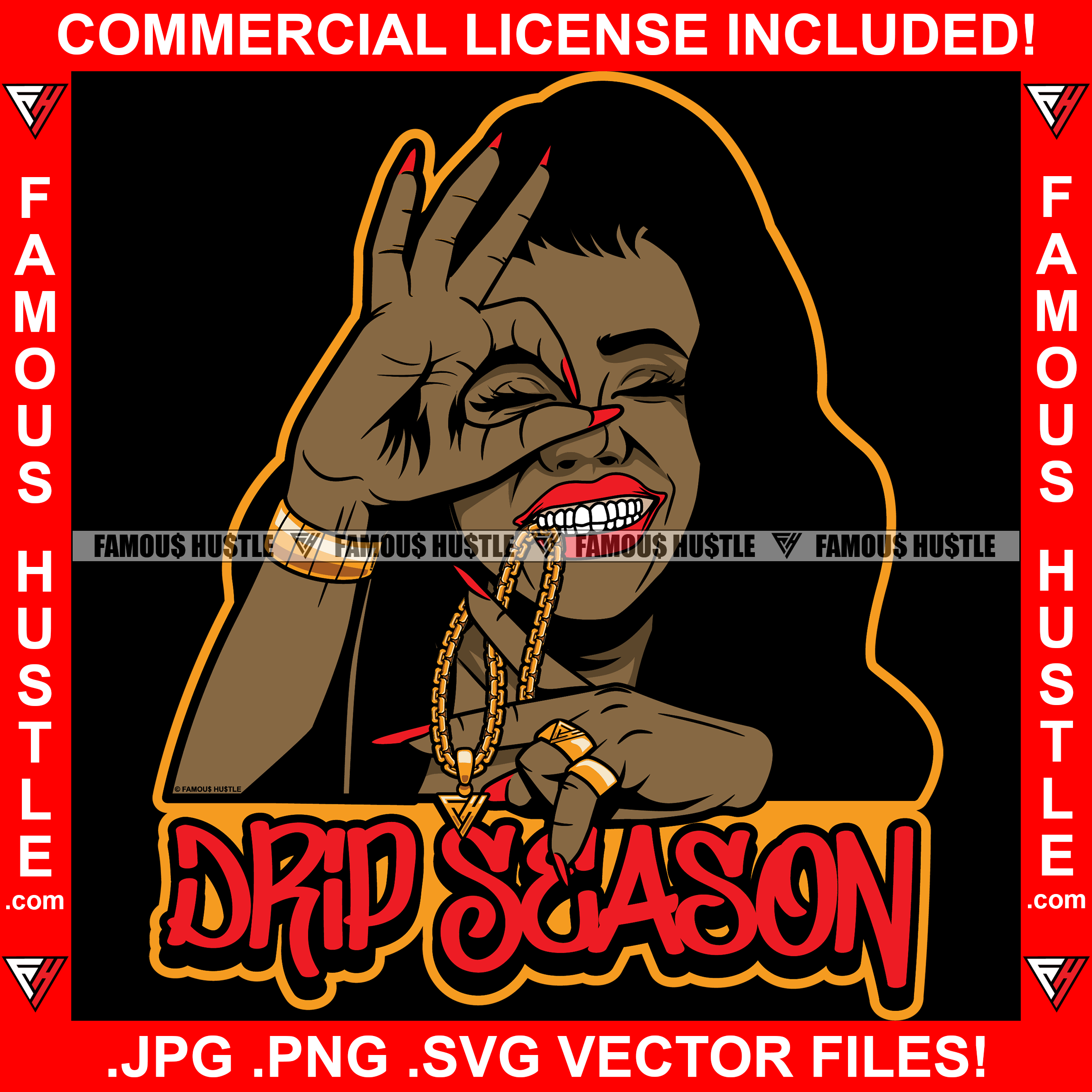 Drip Season Sexy Woman Biting Gold Chain Necklace Jewelry Gangster Hand Sign Famous Hustle Hip Hop Rap Plug Trap Hustler Hustling Sauce Dope Mafia Mob Slum Smoke Street Gang Quote Art Graphic Design Logo T-Shirt Print Printing JPG PNG SVG Vector Cut File
