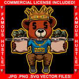 Famous Hustle Dripping King Teddy Bear King Dollar Sign Eyes Cash Money Bags Gold Jewelry Hip Hop Rap Rapper Plug Trap Swag Thug Hustler Hustling Drip Rich Art Graphic Design Logo T-Shirt Print Printing JPG PNG SVG Vector Cut File