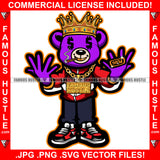 Famous Hustle King Gangster Teddy Bear Dollar Sign Eyes Smoking Cigar Marijuana Pot Blunt Sneakers Gold Teeth Grinning Jewelry Plug Ring Hip Hop Rap Hustler Boss Drip Swag Art Graphic Design Logo T-Shirt Print Printing JPG PNG SVG Vector Cut File