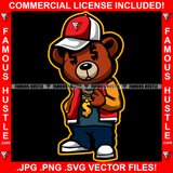 Famous Hustle Teddy Bear King Dollar Sign Eyes Gold Jewelry Cap Jacket Hip Hop Rap Rapper Plug Trap Swag Thug Hustler Hustling Drip Rich Art Graphic Design Logo T-Shirt Print Printing JPG PNG SVG Vector Cut File