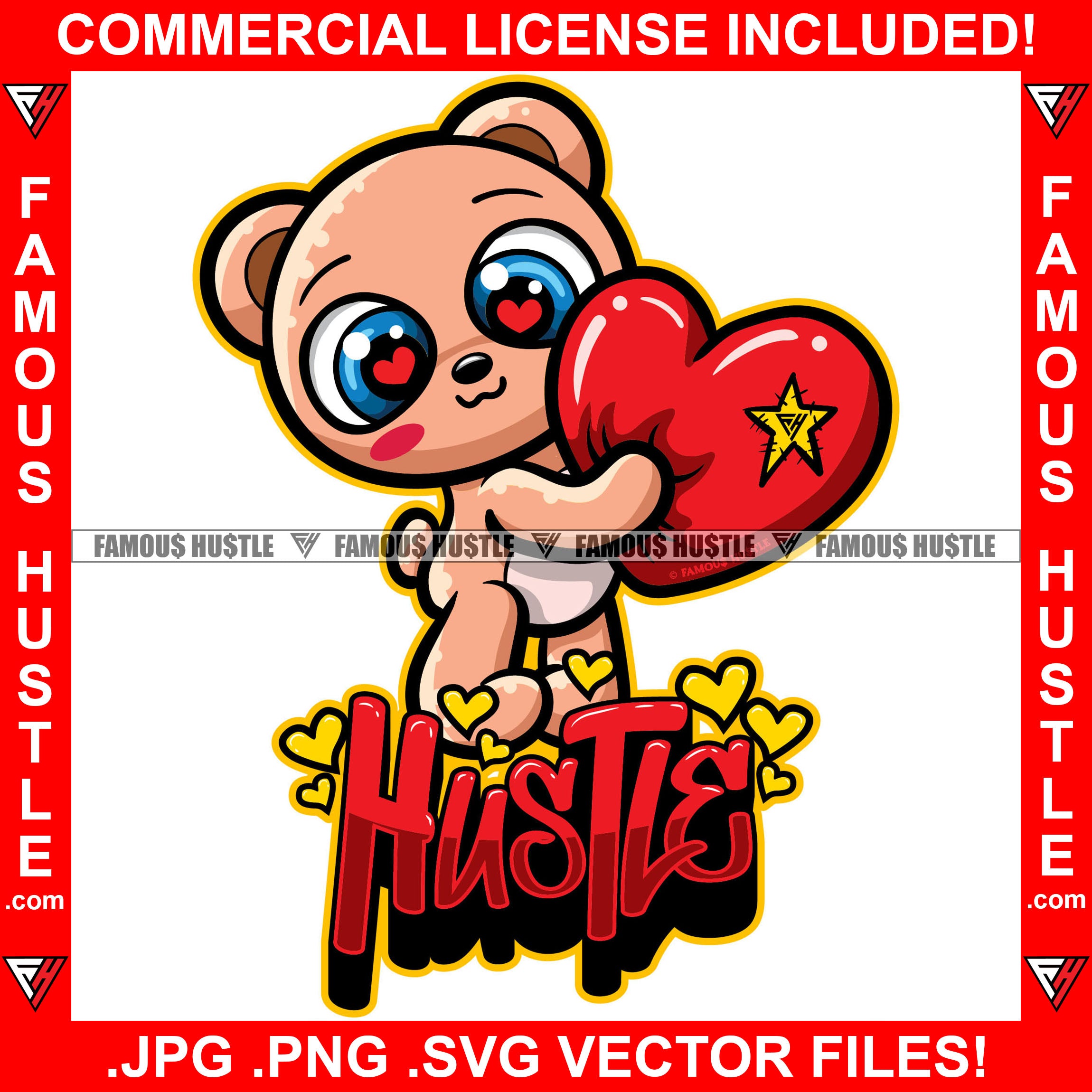 Hustle Cute Female Famous Hustle Teddy Bear Heart Sparkling Eyes Tattoo Hip Hop Rap Hustler Boss Drip Swag Plug Trap Hood Thug Gang Street Mafia Mob Ghetto Cartoon Character Famous Hustle Quote Art Graphic Design Logo Print Printing Vector SVG Cut File