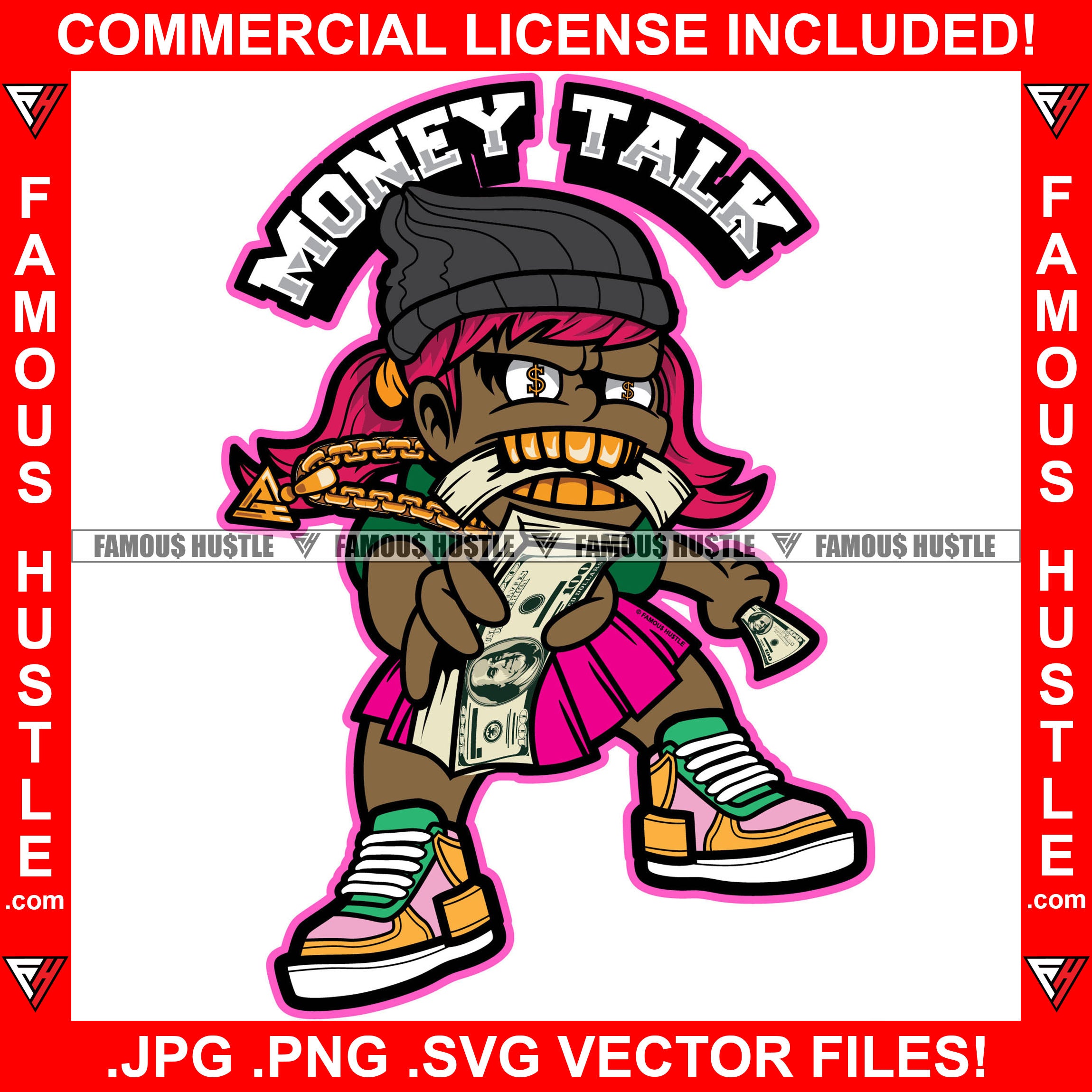 Gangster Black Girl Eating Money Stack Knit Hat Gold Chain Necklace Teeth Sneaker Female Beanie Woman Pink Dress Hip Hop Rap Rapper Plug Trap Street Hood Boss Famous Hustle Rich Art Graphic Design Logo T-Shirt Print Printing JPG PNG SVG Vector Cut File