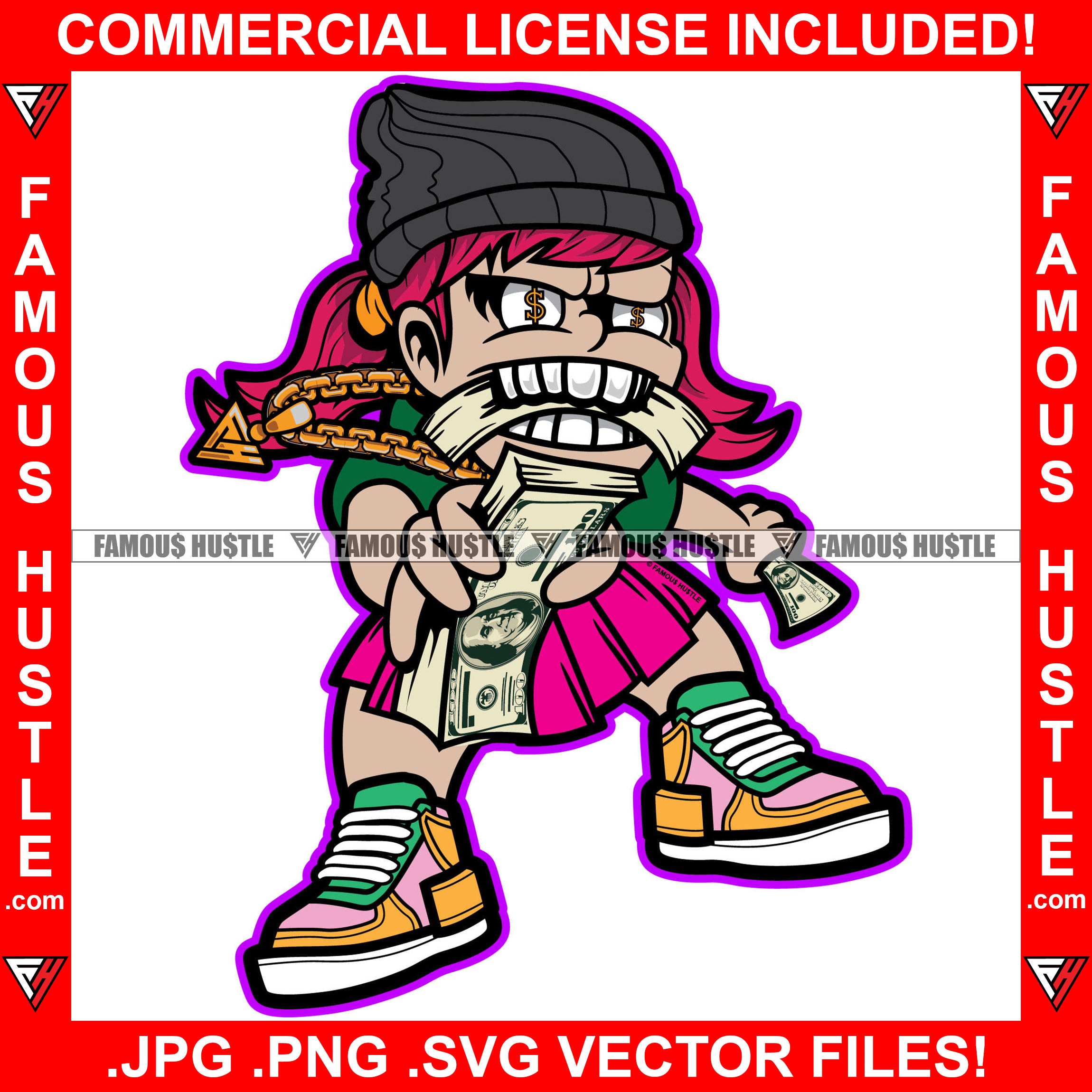 Gangster Girl Eating Money Stack Knit Hat Gold Chain Necklace Teeth Sneaker Beanie Pink Dress Hip Hop Rap Rapper Plug Trap Street Hood Swag Hustler Flex Drip Famous Hustle Rich Art Graphic Design Logo T-Shirt Print Printing JPG PNG SVG Vector Cut File